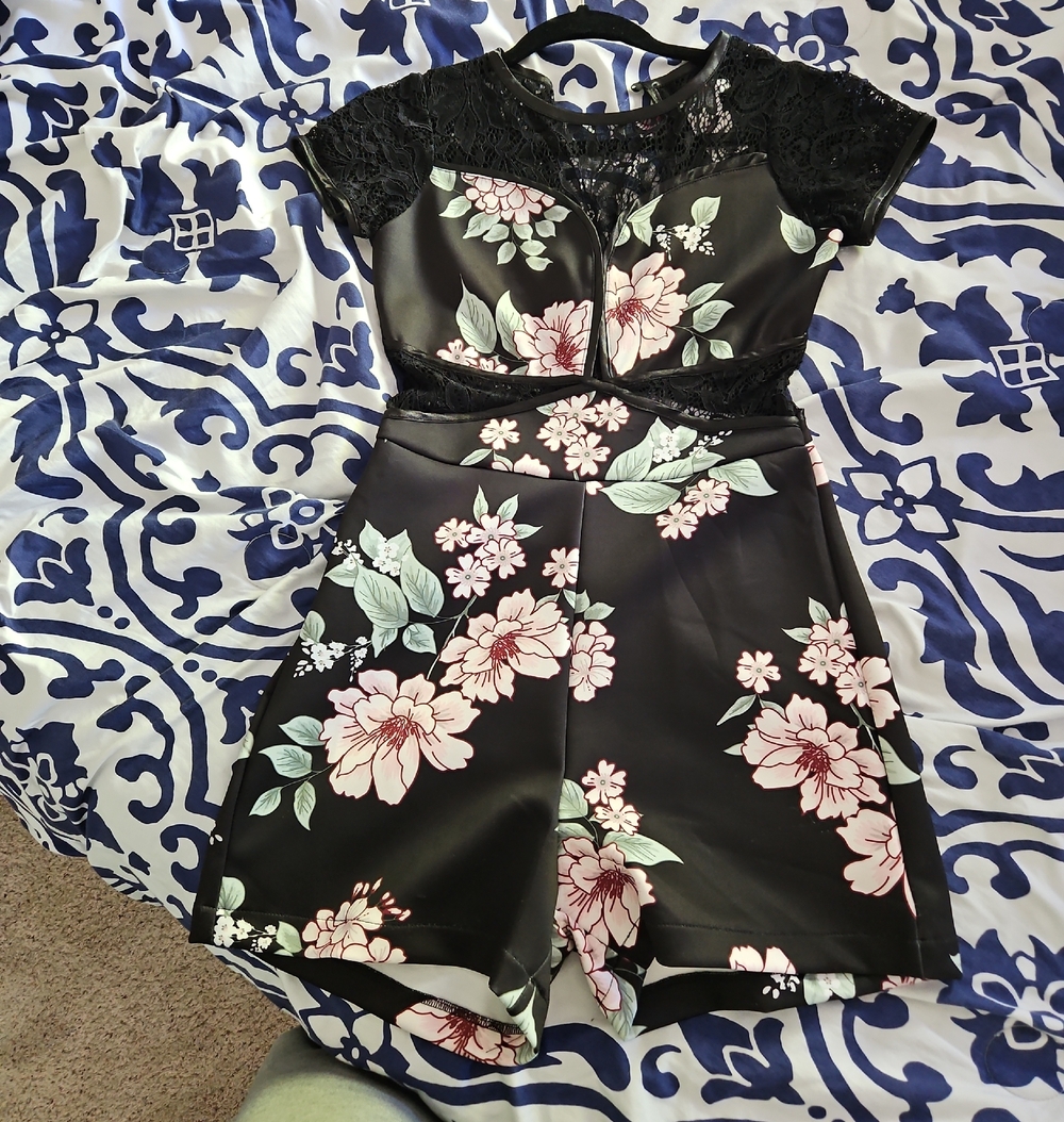 Floral Black Short Sleeve Fit-and-Flare Romper